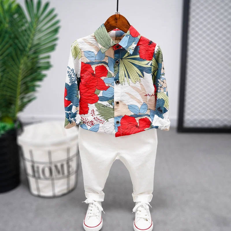 

Children Boy's Clothing Set 2021 New Casual Loose Spring Autumn Flower Shirt White Pants Kids Boys Costume Suit 2 4 6 8 Years