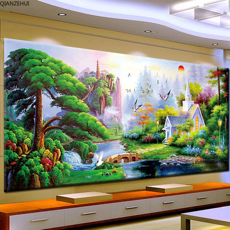 DIY Алмазная вышивка набор для рисования с круглыми камнями и полотном зеленый