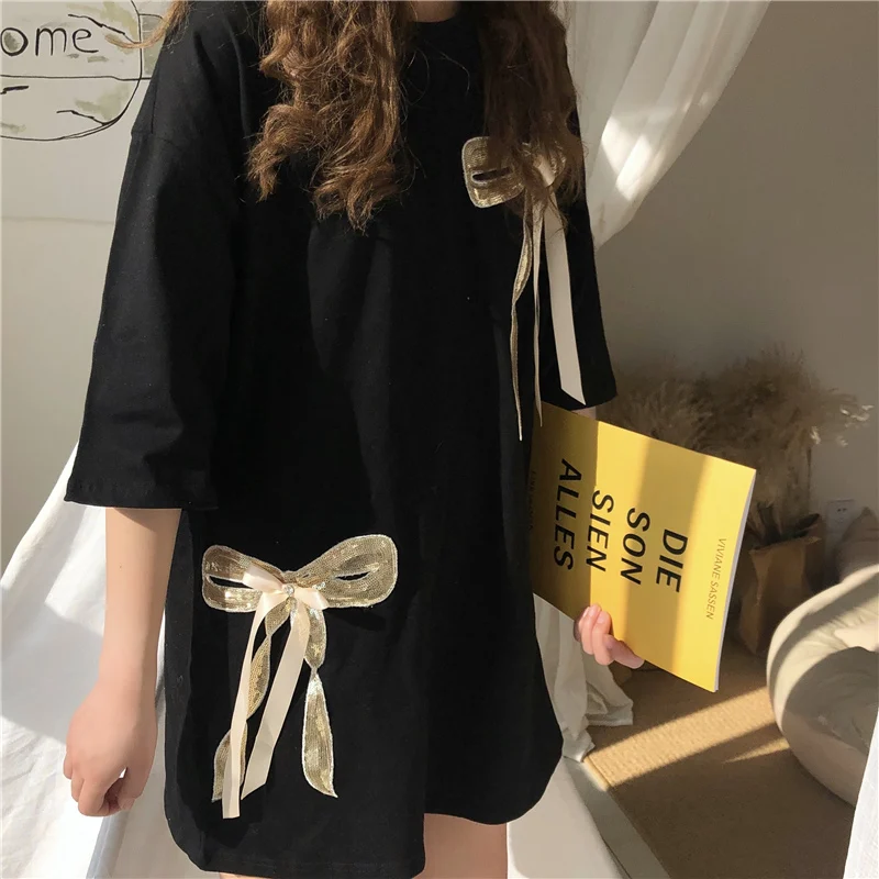 

Short-Sleeved T-Shirt Women Summer Loose BF Mid-Length Irregular Bow Top Tees