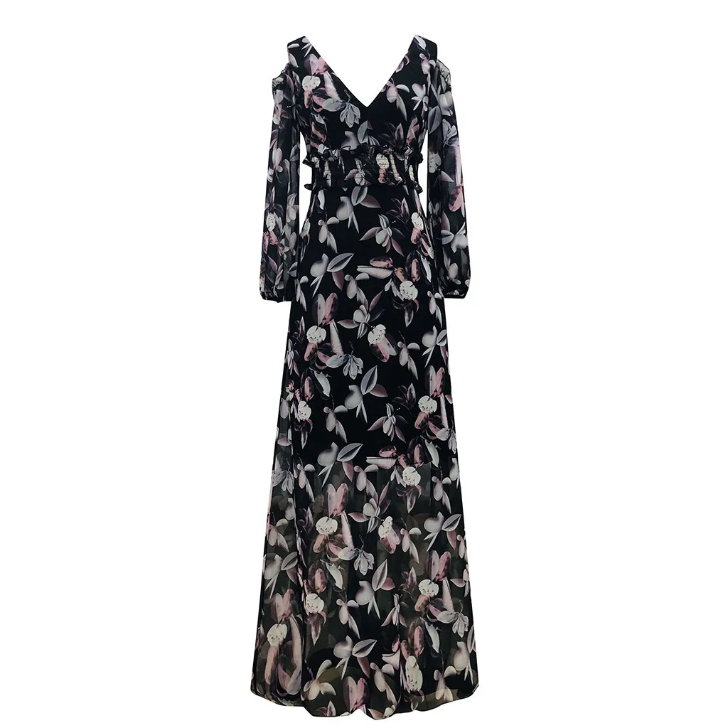 2019 женские платья модные с глубоким v-образным вырезом длинным рукавом цветочным