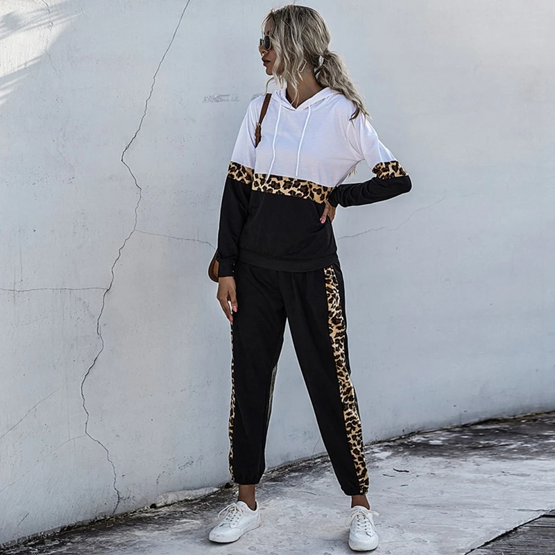 Woman Leopard Patchwork Hoodies 2 Piece Set Pocket Long Sleeve Sweatshirt Top and Pants Suit Casual Tracksuit |