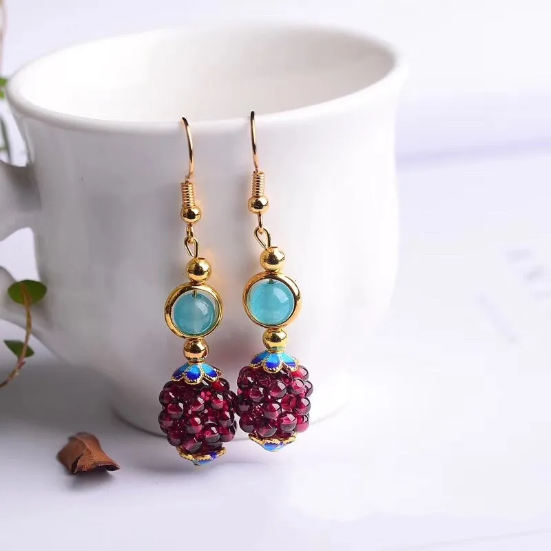 

Natural Red Garnet Hand Carved Round Bead Earrings Fashion Jewelry Women's Purple Chalcedony 925 Silver Inlaid Earrings