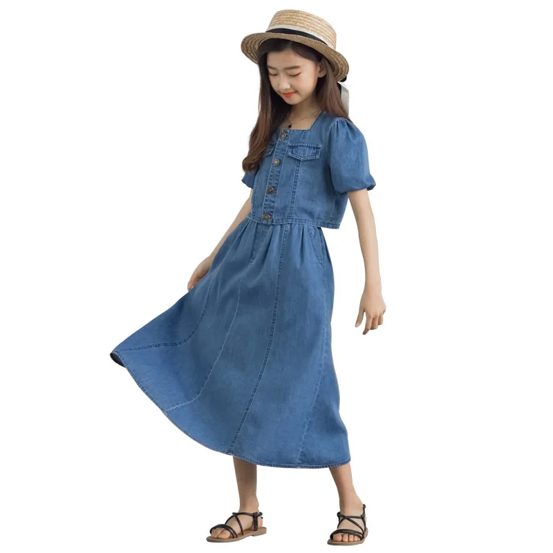 

Kids Jeans Set Girls Denim Skirt Set 2021 New Teen Suit Children Clothes Buttons Casual Toddler Maxi Skirt Two Pieces Set,#6233