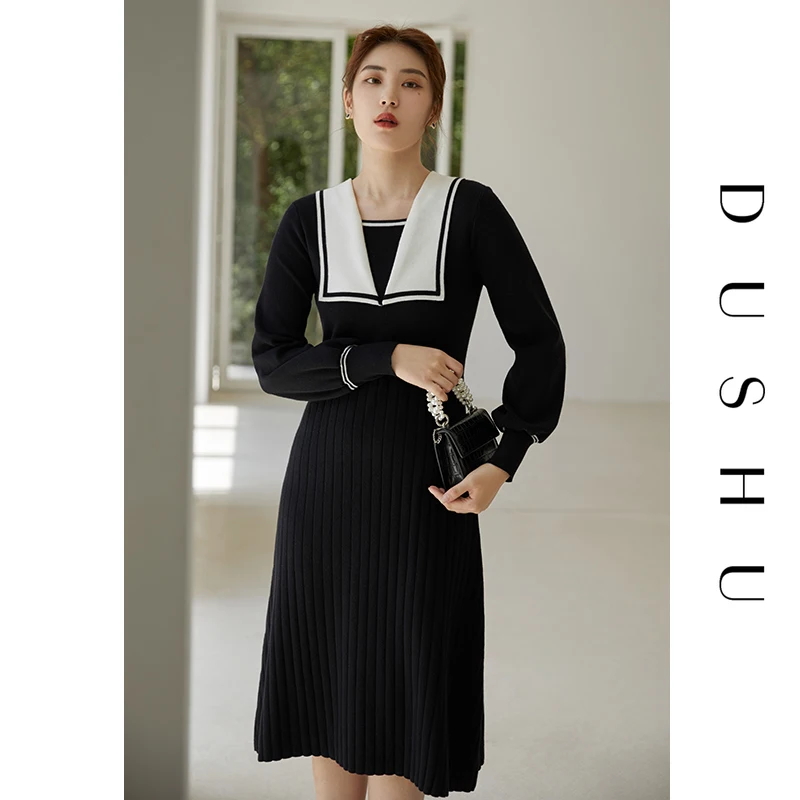 

DUSHU Vintage Black Knitted Sweater Dress Women Elegant Long Sleeve Slim Plus Size Dress Autumn Winter Office Lady Sexy Dress