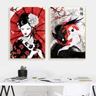 Японское изображение гейши и Инь-Янь, картины маслом рыб на холсте, настенные художественные плакаты и принты, настенные картины для декора гостиной