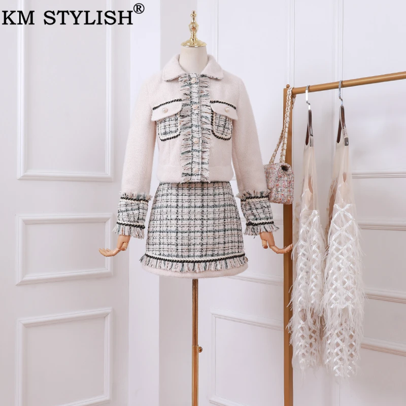 Женский твидовый комплект KM Осень-зима 2019 украшенный жемчужинами пуговицами