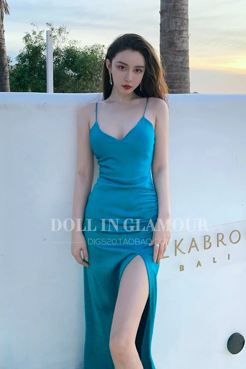 

French Sexy V-neck Slim Split Suspender Dress 2021 Summer Medium Length Acetate Satin Skirt