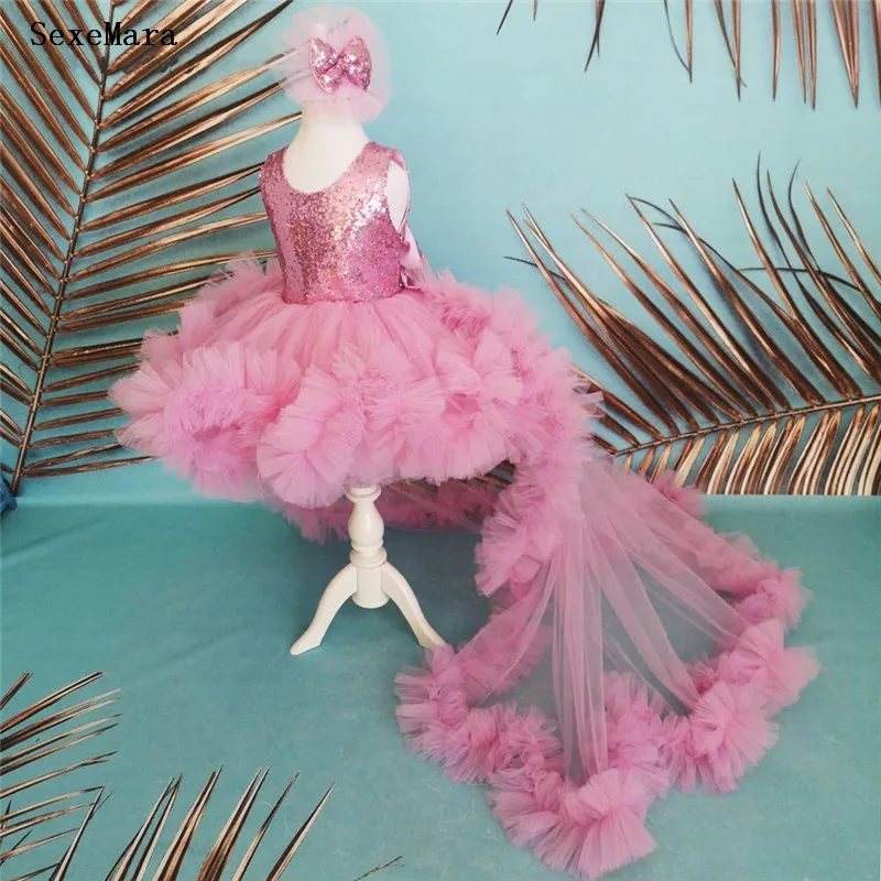 

Платье для девочек, с круглым вырезом и блестками, со съемным шлейфом