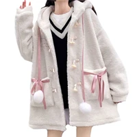 womens plush cute bear hooded coat embroidery long sleeve loose wool cardigan with pockets buttons down winter warm coat