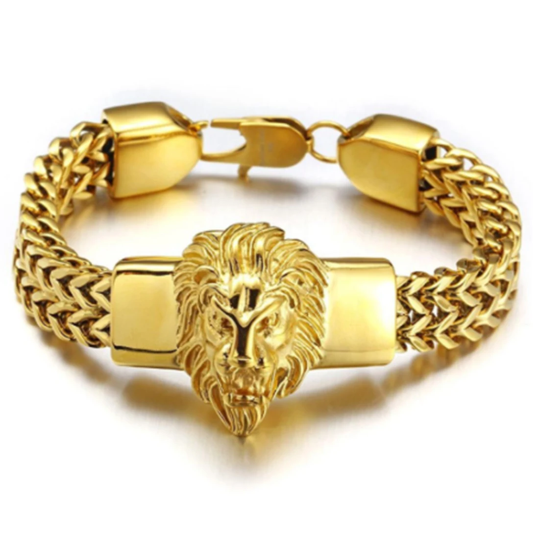

Hip-hop Franco Figaro Chain Mens Bracelet Stainless Steel Gold Tone Lion Head Bracelet Cuff Bangle 8.66 inch Christmas Gift 15mm