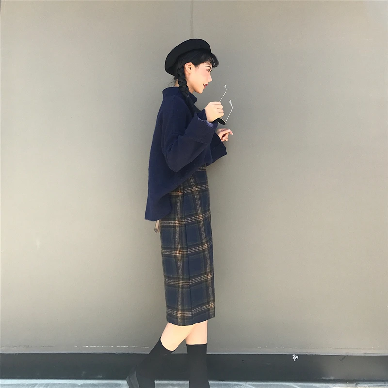 Клетчатая длинная юбка на осень и зиму утолщенная средней длины Женская с