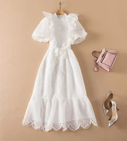 hollow out embroidery dress 2022 spring summer elegant party events women ruffle deco lantern sleeve mid calf white dress luxury