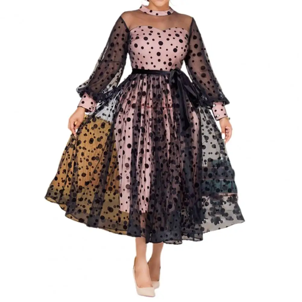 

Ele-choices L-5XL Plus Size Dress Stylish Dot Printing See Through Dress Women Elegant Dress Round Neck for Wedding Daily Dating