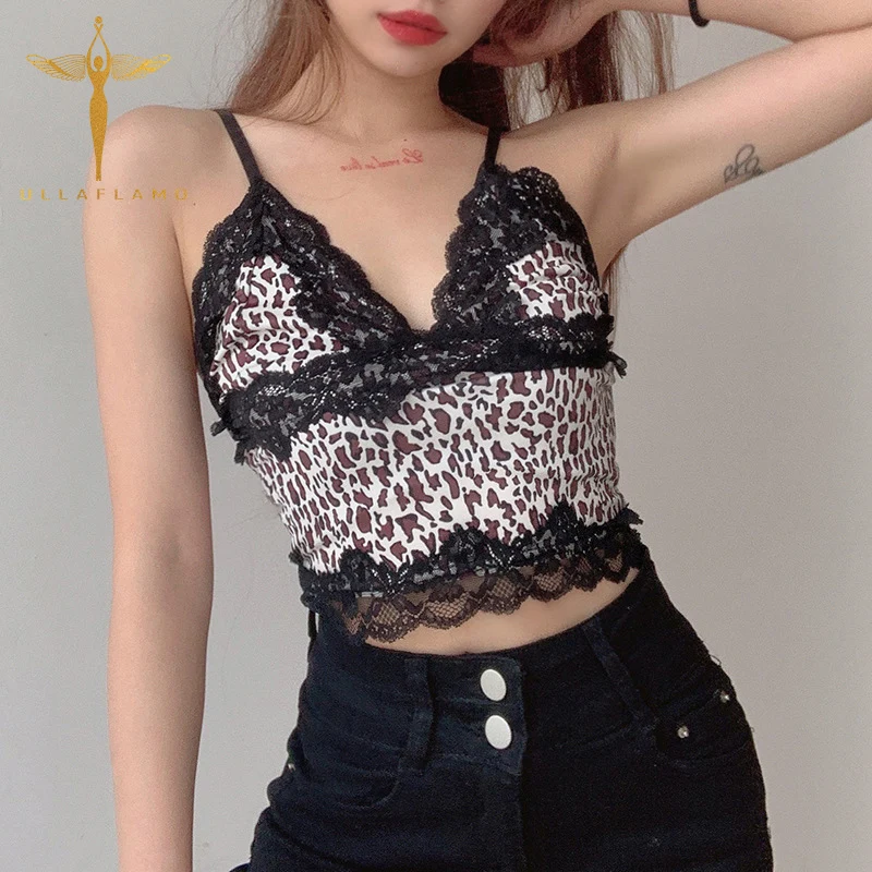 

Y2K Camisole Women Clothes Lace Patchwork Print V-Neck Tank Camis Spaghetti Strap Crop Top Femme Streetwear Sexy Skinny Vest Top