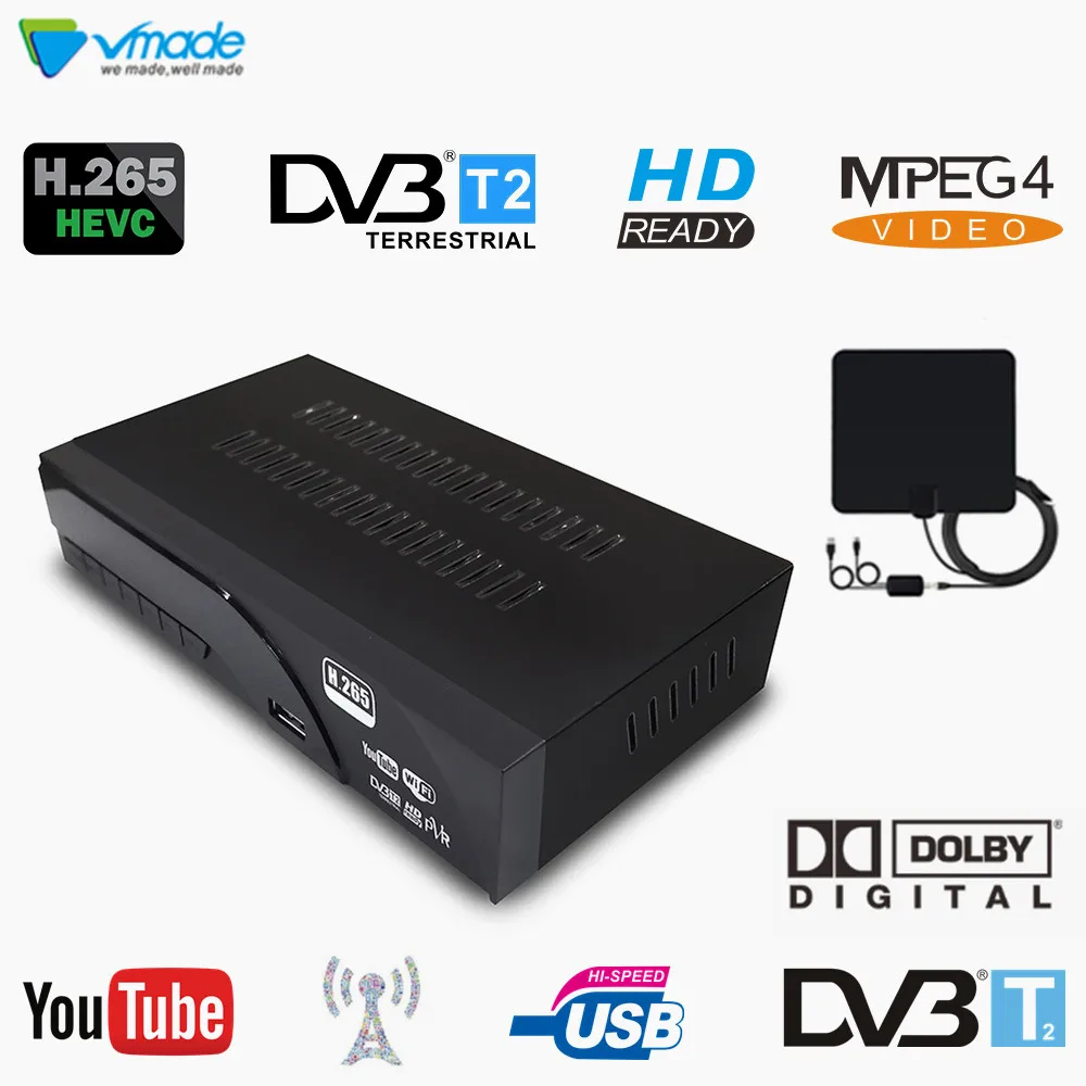 Vmade DVB-T2/T H.265/HEVC HD 1080P цифровой эфирный приемник Поддержка Youtube Dolby AC3+ внутренняя ТВ комбинированная антенна телеприставка