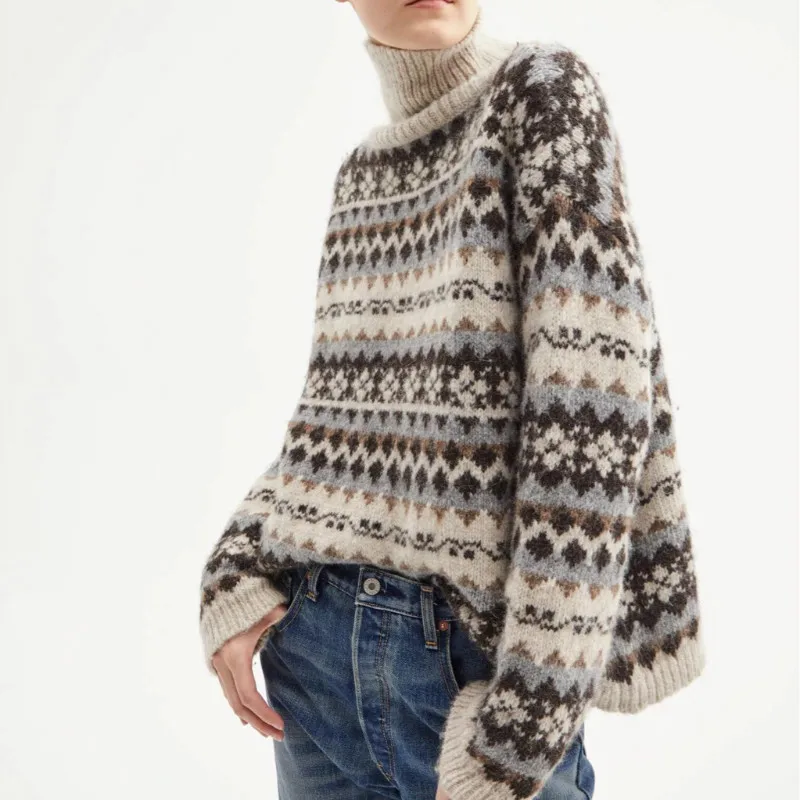 

Vintage Jacquard Alpaca Sweater Lady Turtleneck Long Sleeve Knitwear Women Casual Knitted Pullover