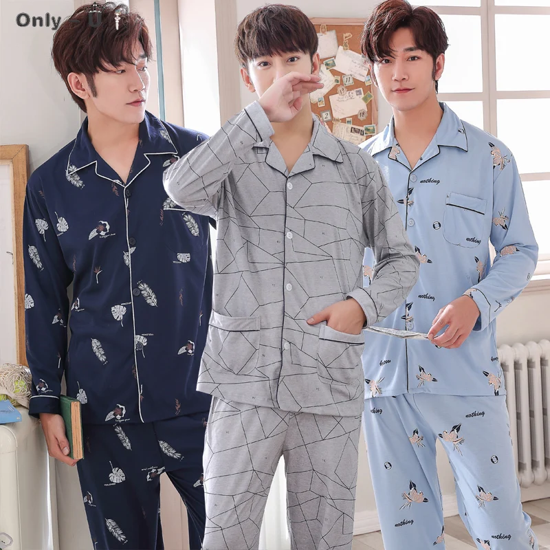 

2020 Autumn Winter Long Sleeve Cotton Print Pajama Sets for Men Soft Sleepwear Suit Pyjama Male Homewear Loungewear Home Clothes