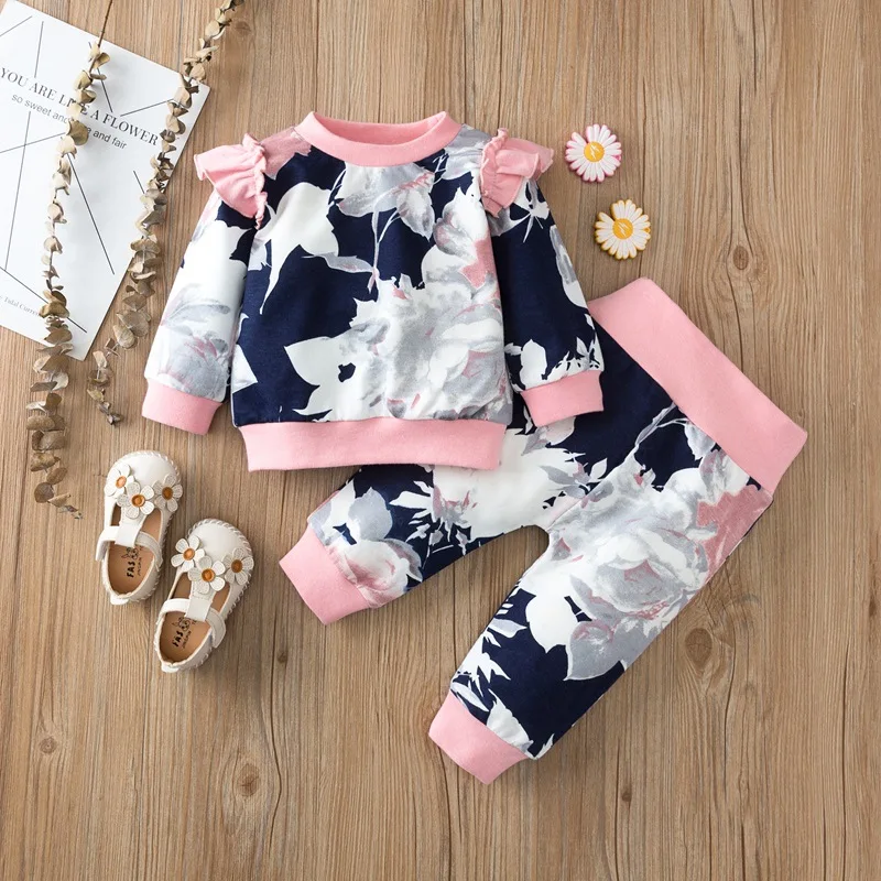 

Newborn Autumn Print Top + Pants Clothes Set Baby Girls Pink Ruffle Floral Suit Infant Toddler Sweet Fashion Outfits Clothing