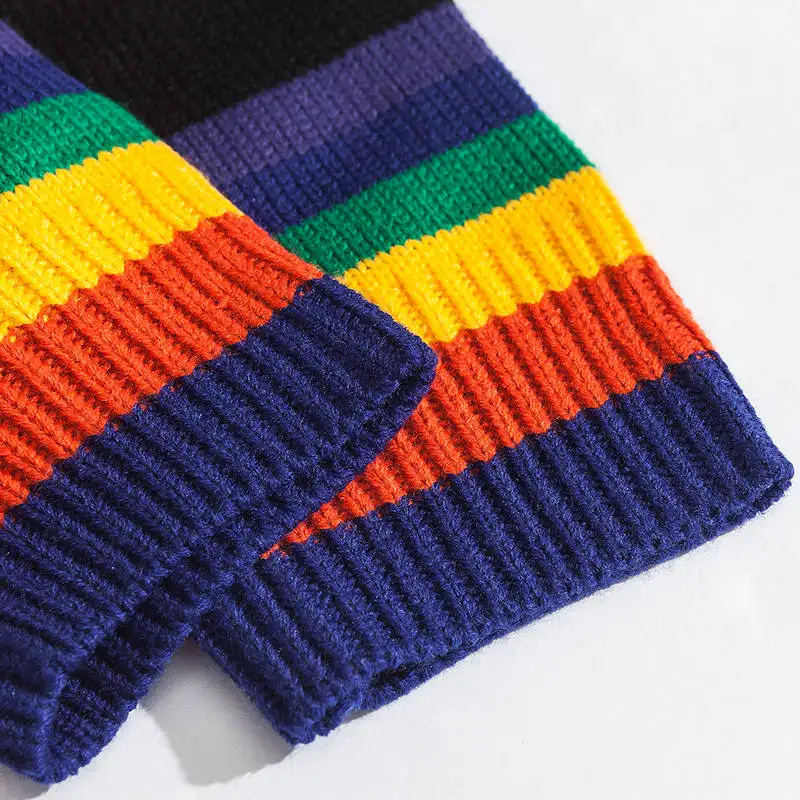 

Rainbow Knitted Striped Sweater Mens Hip Hop Pullover Streetwear Male Fashion Harajuku Retro Autumn 2021 Sweaters Cotton Tops