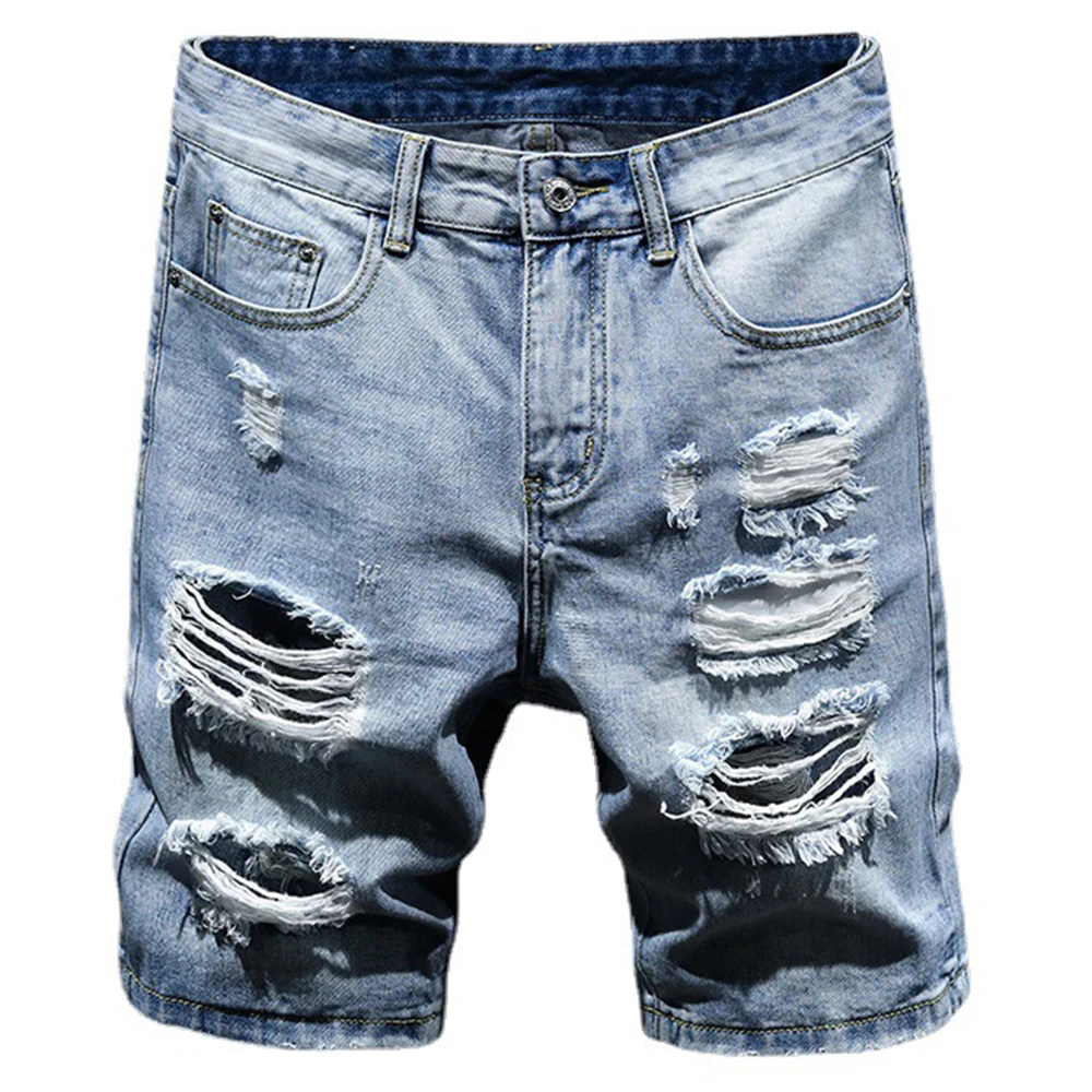 

Men's Ripped Denim Shorts Summer Holes Destroyed Jeans Slim Straight Light Blue Breeches