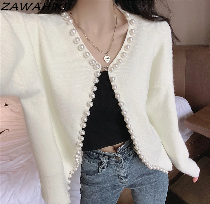 

ZAWAHIKI Autumn Jackets New Style French V Neck Solid Elegant Outerwear Temperament Long Sleeve Sweater Coat Women's Clothing
