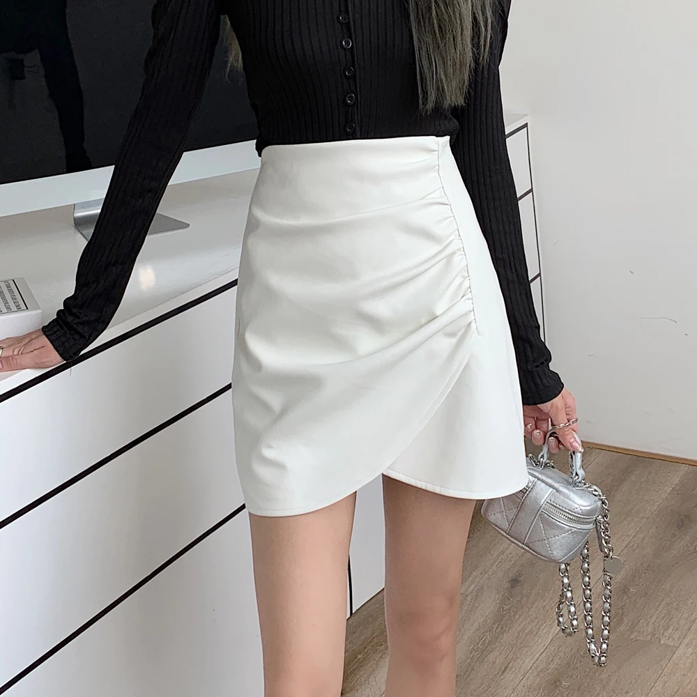 

White Irregular Leather Mini Skirt Women High-waisted Chic Streetwear Gothic Pleated Skirt Autumn Korean Party Skirts Women 2021