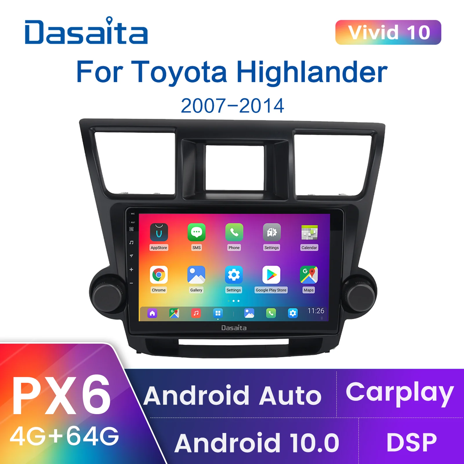 

Dasaita 10.2" 1 Din Car Radio for Toyota Highlander 2007 to 2014 with Android 11 Carplay DSP GPS Navigation Autoradio Head Unit