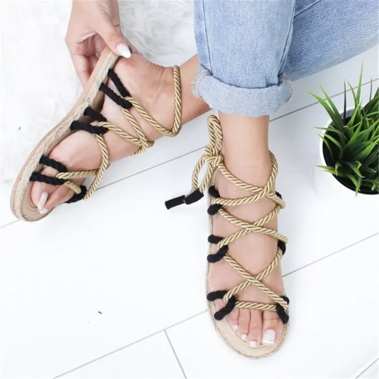 

Bohemian Sandals Fashion Womens Shoes 2021 Large Size Cross Summer Heels Cross-Shoes Suit Female Beige Boho Luxury Big Comfort V