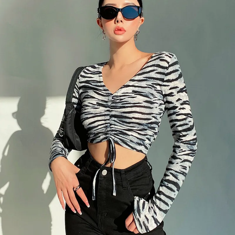 

Sexy V-Neck Crop Tops For Women Long Sleeve Shirring Short Umbilical T-shirts 2021 Fall Zebra Printed Female T Shirt T024