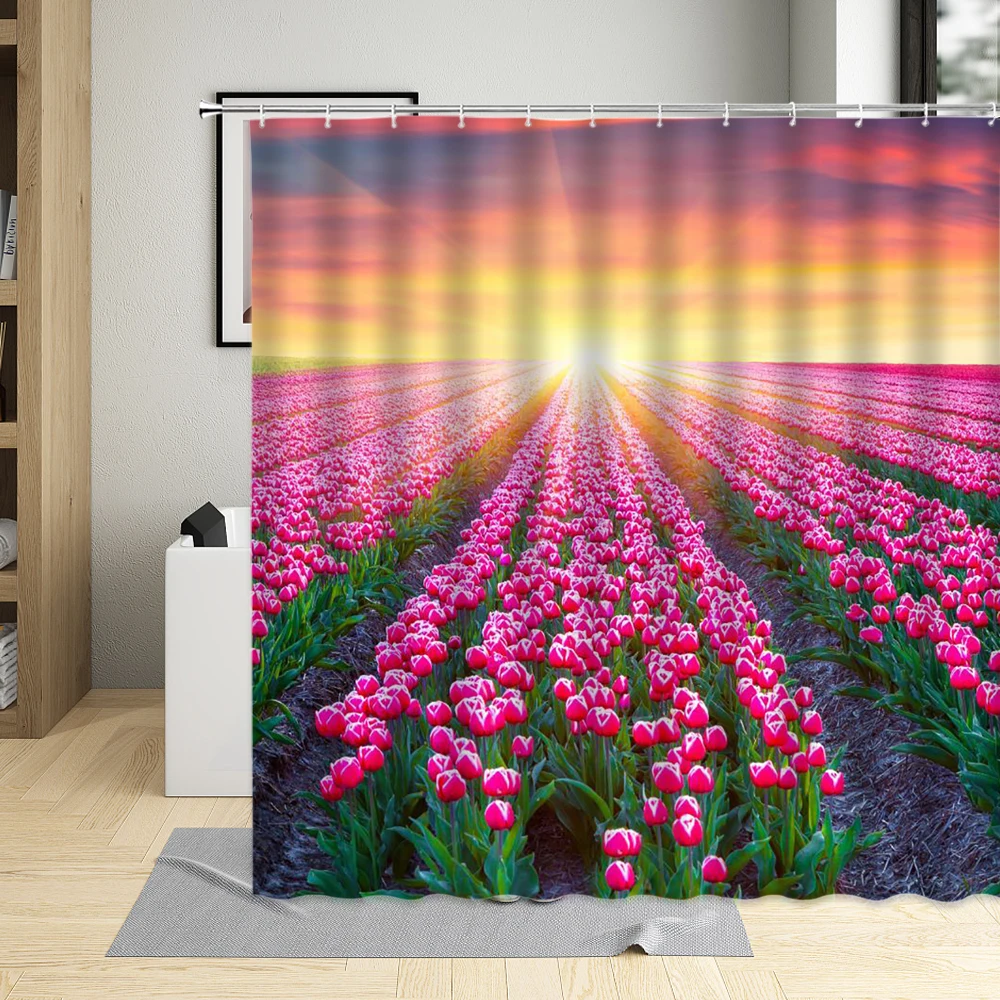 

Tulip Landscape Flowers 3D Printing Waterproof Bathroom Shower Curtain Polyester Cloth With 12 Hooks Bathtub Curtains Home Decor