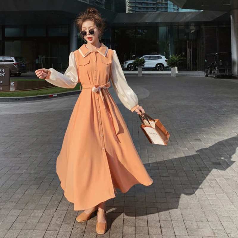 

Women's blue French retro chiffon A-dress Spring/Summer 2021 New long-sleeved stitching temperament dress Women