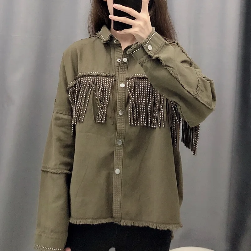 Индивидуальные женские свободные куртки осень 2019 Новая мода заклепки кисточкой