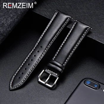 REMZEIM Calfskin Leather Watchband Soft Material Watch Band Wrist Strap 18mm 20mm 22mm 24mm With Silver Stainless Steel Buckle 1