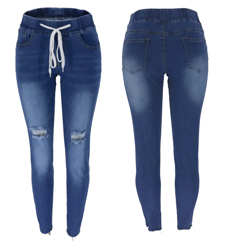 

Women's jeans with middle waist drawstring waist