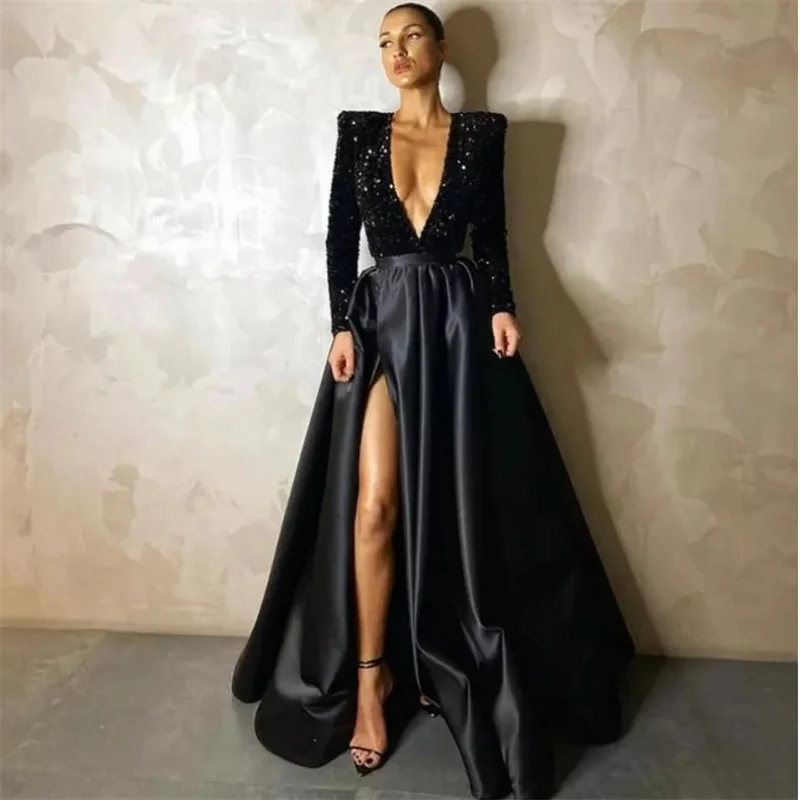 

Chic Long Woman Evening Dress Sequined Ever Pretty Girl's Ceremonial Dress Slit Deep V Neck Black Prom Dress trendyol sukienka