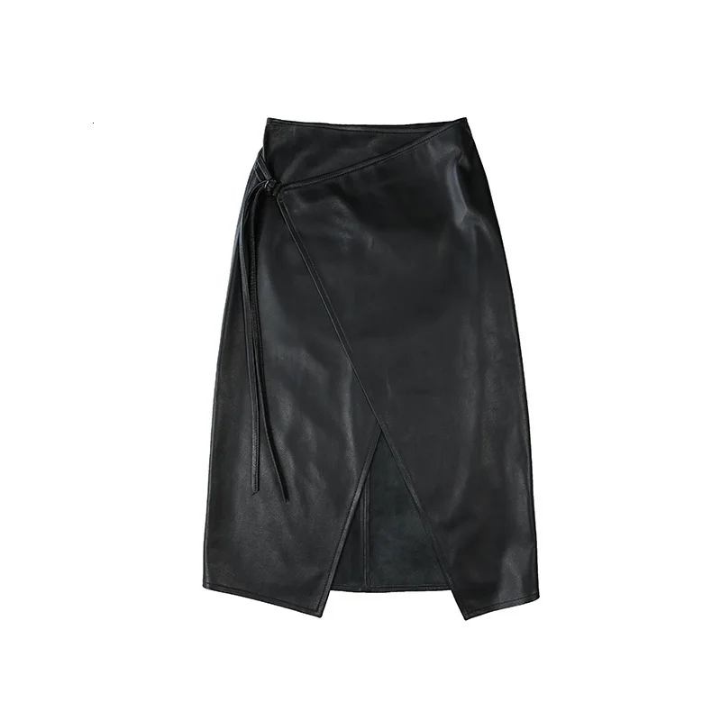 

Women Genuine Leather Natural Real Sheepskin High Waist Open Fork Black Sexy Party Elegant Office Long A-Line Skirt Female