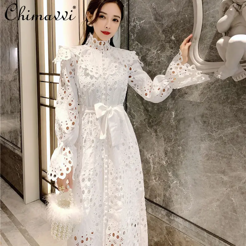 

Women's Dress Spring/Autumn White Temperament Fashion Turtleneck Lantern Sleeve Dress Ruffled Hollow Out Tied Waist Dress New