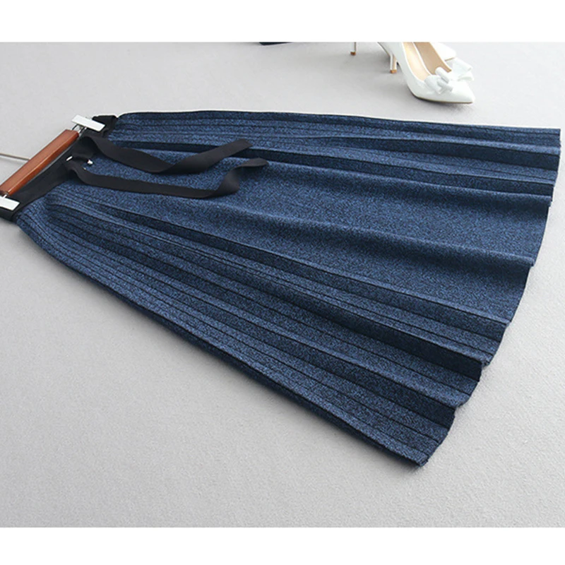 

Autumn Winter New Women Knitted Skirt Elegant Black/Red/Blue/Gray/Brown High Waist Pleated Skirt For Female Fashion Saia Faldas