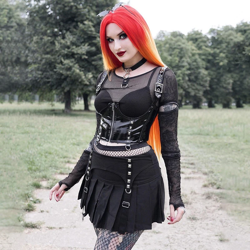 

Юбка женская плиссированная с завышенной талией, пикантная мини-юбка на молнии с заклепками, в готическом стиле, Сказочная уличная одежда, ч...