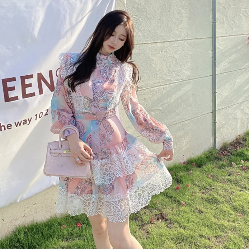 

Stand Neck Pink Party Dress Women Buttons Lace Crochet Mini Dress Ruffles Elegant Chiffon Dress Plus Size Luxury High Waist D030
