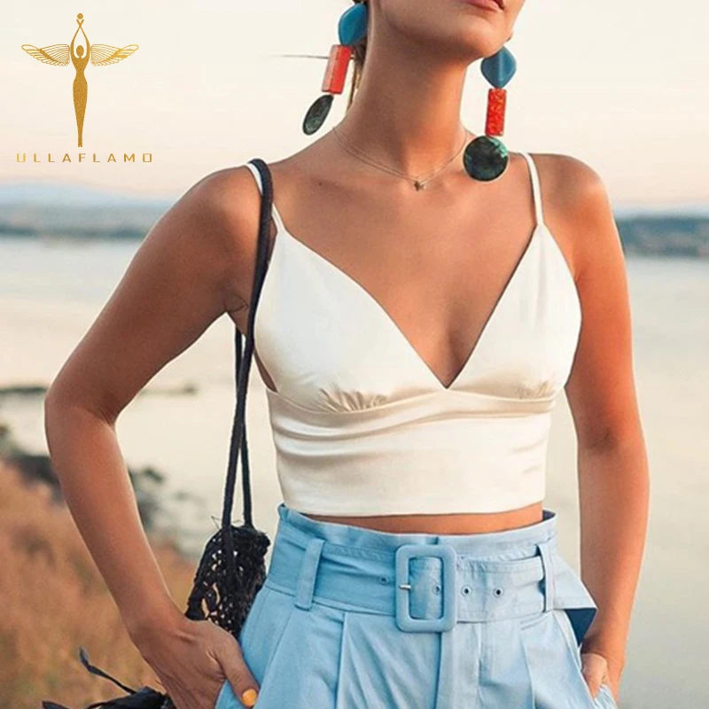 

Spaghetti Strap Camisole Femme Sexy V-Neck Sleeveless Satin Crop Tops Skinny Elegant Ins Backless Tank Camis Black Vest Womens