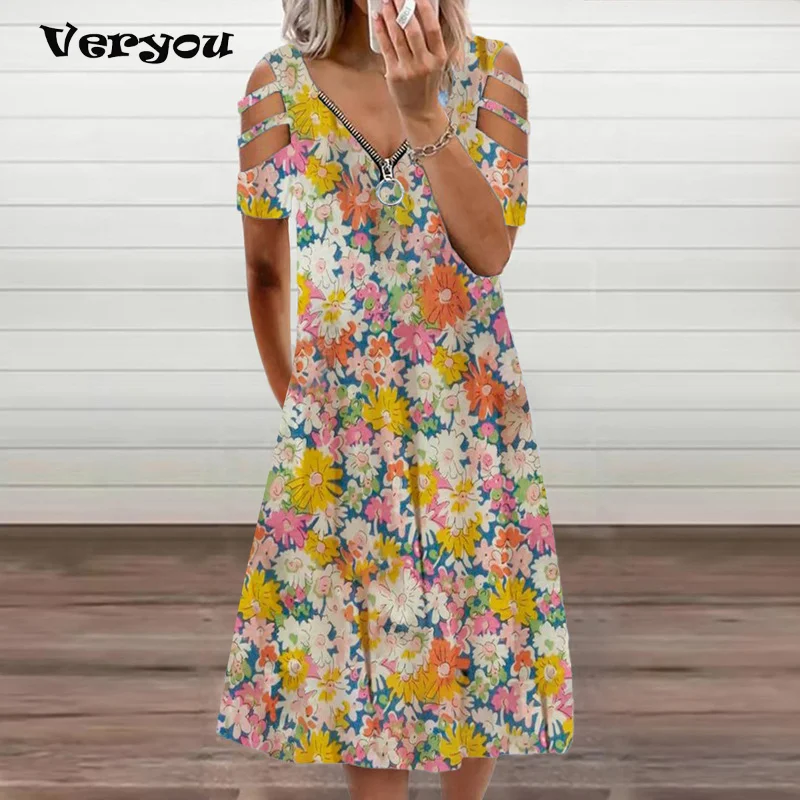 

Женское летнее платье на молнии с цветочным принтом и коротким рукавом