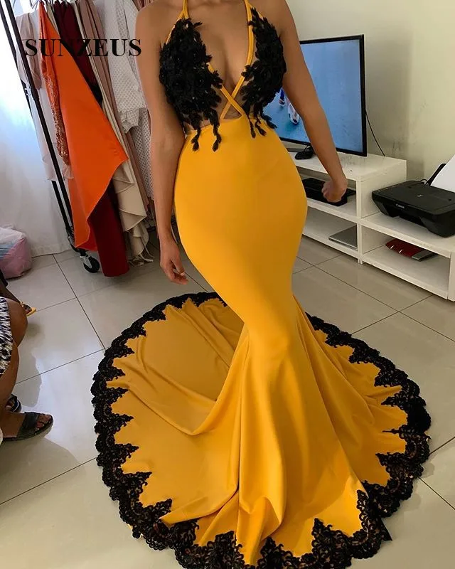 Billig Orange Meerjungfrau Prom Kleid Mit Schwarz Appliques Sexy Top Party Kleider Sweep Zug Spitze Rand Speical Anlass Kleid Frauen
