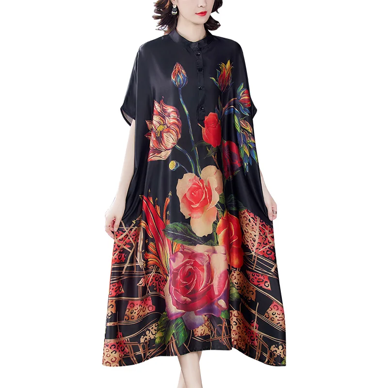 

Summer Vintage Loose 4XL Plus Size Midi Dress 2021 Casual Print Black Mulberry Silk Dresses Classy Women Bodycon Party Vestidos