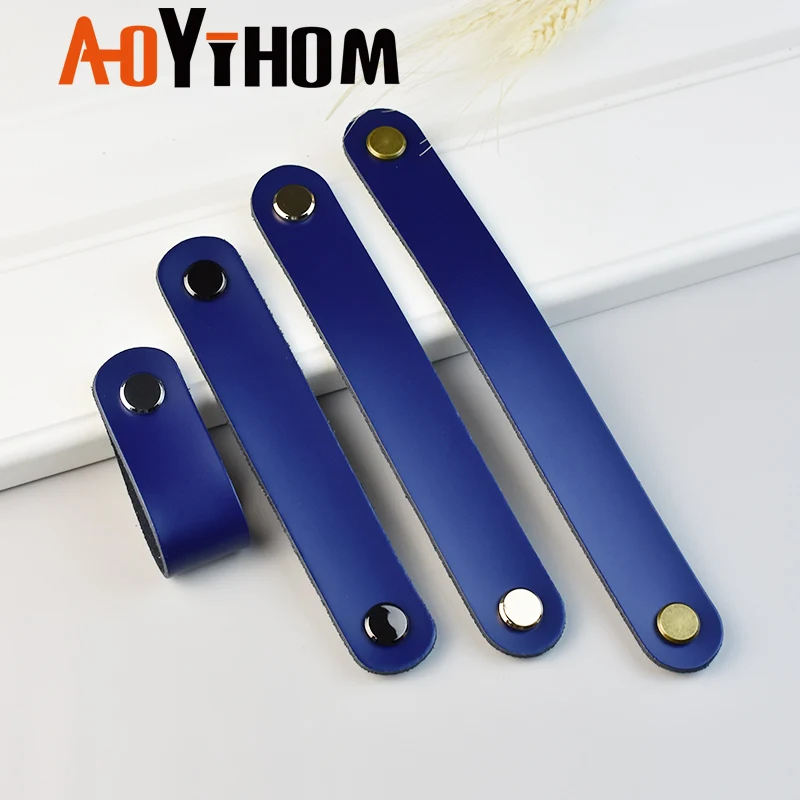 

Кожаная ретро ручка AOYIHOM для мебели в скандинавском стиле, синяя ручка для кухонного шкафа, для спальни, обувного шкафа, строительная фурнит...