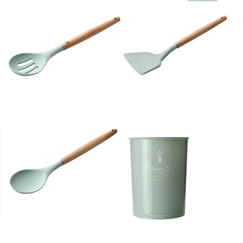 

Durable Practical Heat Resistant Silicone Kitchenware Kitchen Tool Cookware Sets Wooden Handle JAN88