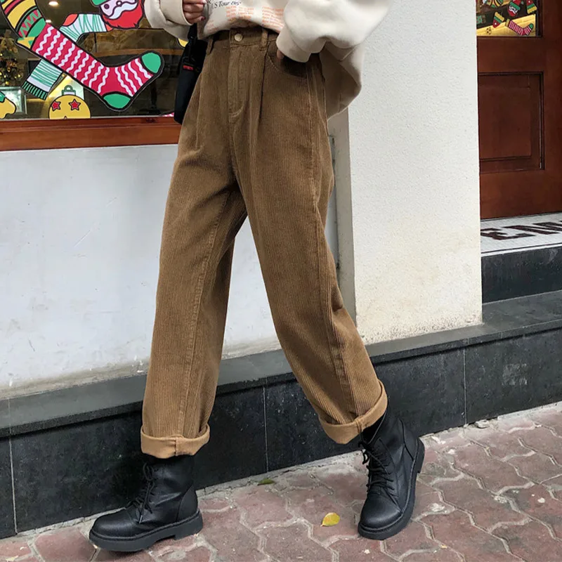 

Женские вельветовые брюки с широкими штанинами, прямые повседневные брюки с высокой талией в винтажном стиле Харадзюку, осень 2021, шикарные ...