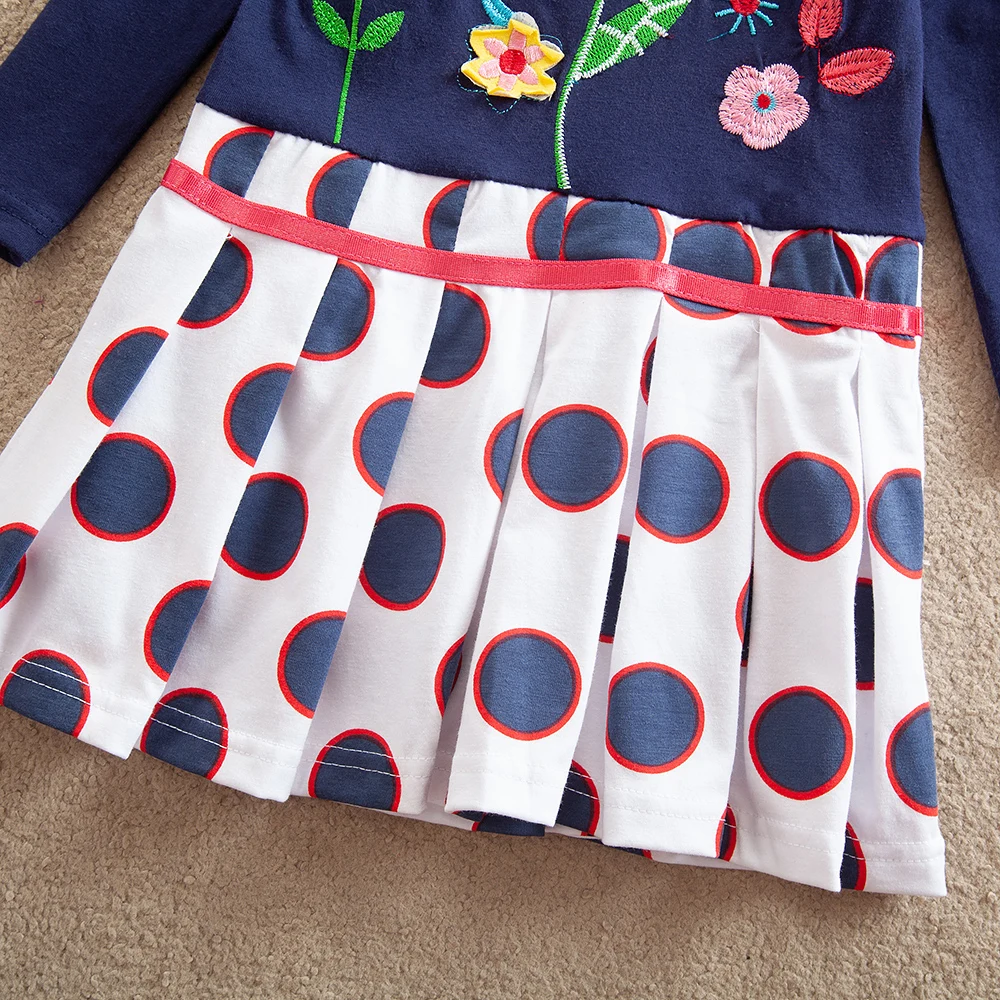 JUXINSU Girl Cotton Flower Embroidery Long Sleeve Dress Bow Girls Autumn Winter Casual Wave Point Dresses for 1-8 Year | Детская одежда