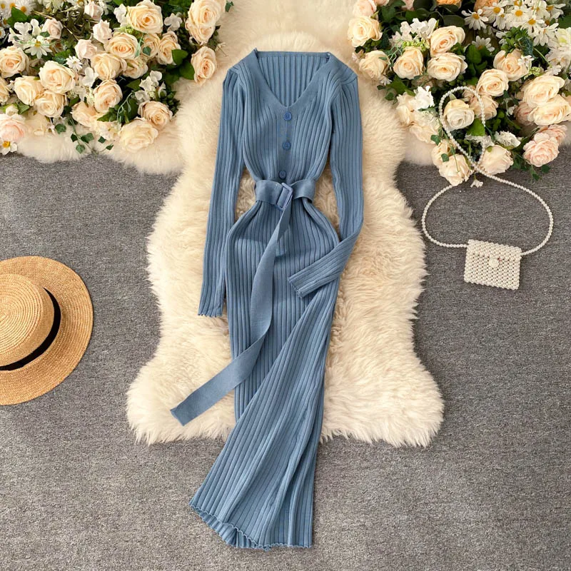 

Spring And Autumn Women Vintage Knitted Dress 2021 Simple Solid l Sexy Basic Long-Sleeved V-Neck Dress Female Clothing