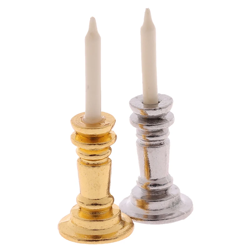 

1pc 1:12 Dollhouse Miniature Candle Vintage Golden Silver Metal Holder Stick Dollhouse Furniture Accessories